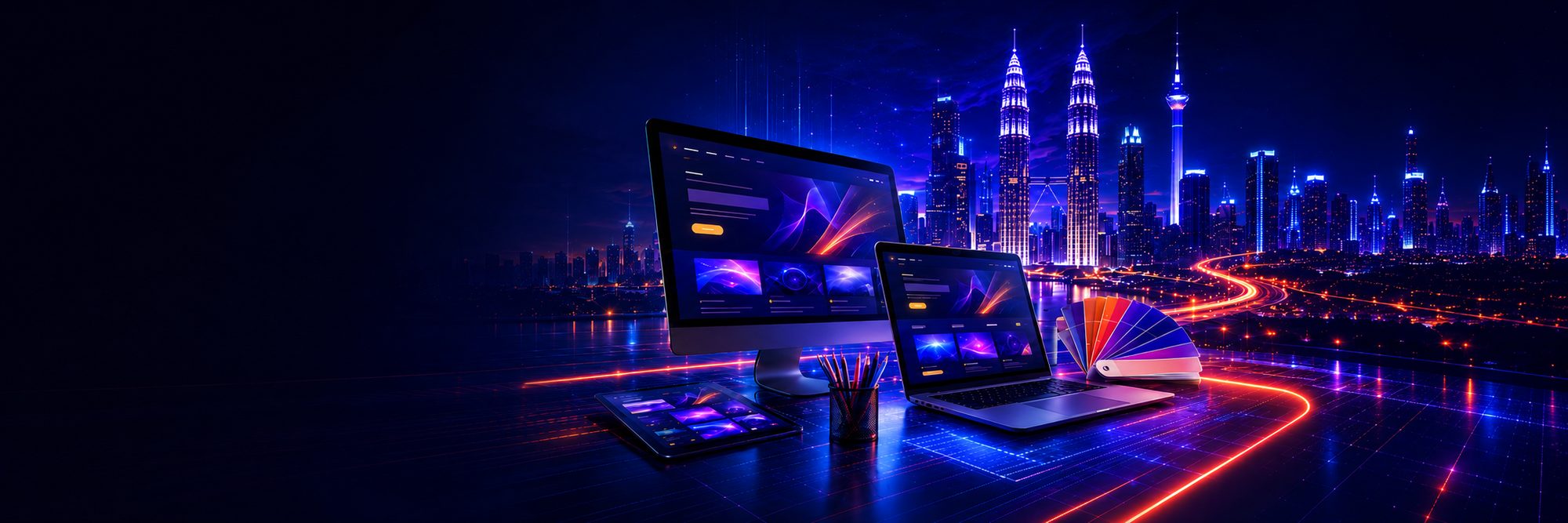 Modern web design workspace at night with desktop, laptop and tablet devices against the Kuala Lumpur skyline